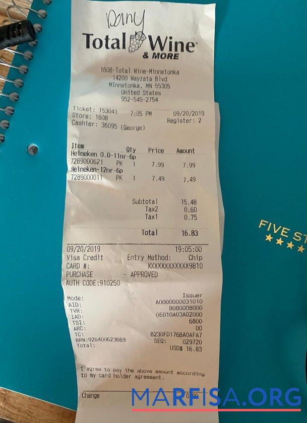 Blank USA Total wine & more store payment receipt template